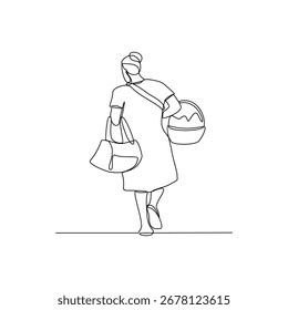 Un dibujo lineal continuo de la Ilustración vectorial tradicional de la actividad del mercado. Los comerciantes tradicionales están vendiendo sus productos o alimentos con buena calidad en la ilustración del concepto de Vector de estilo lineal simple
