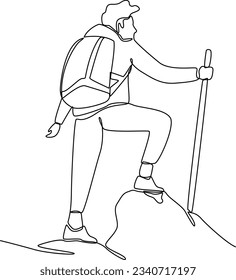 One continuous line drawing of Traveler or explorer on mountain or valley concept. Doodle vector illustration in simple linear style. 