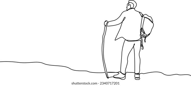 One continuous line drawing of Traveler or explorer on mountain or valley concept. Doodle vector illustration in simple linear style. 