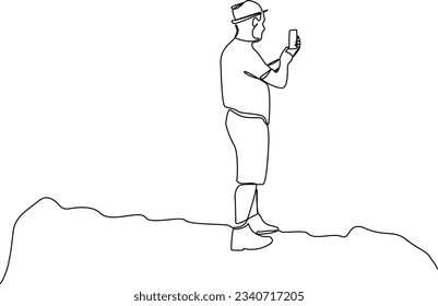 One continuous line drawing of Traveler or explorer on mountain or valley concept. Doodle vector illustration in simple linear style. 