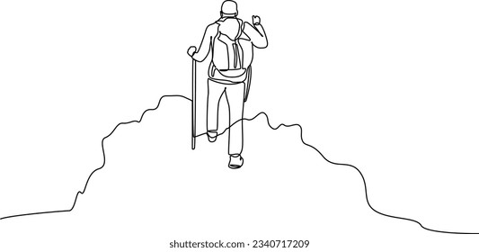 One continuous line drawing of Traveler or explorer on mountain or valley concept. Doodle vector illustration in simple linear style. 