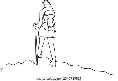 One continuous line drawing of Traveler or explorer on mountain or valley concept. Doodle vector illustration in simple linear style. 