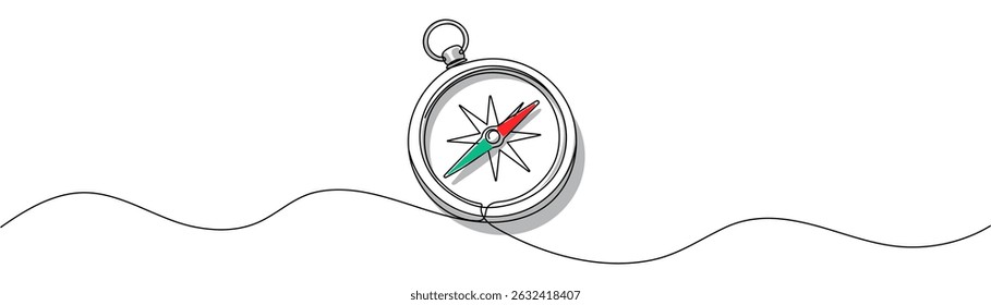 Eine durchgehende Linienzeichnung des Reisekompasses. Alte navigieren und Abenteuer-Symbol in einfachen linearen Stil. Bearbeitbarer Strich