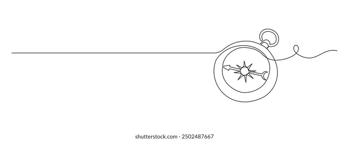 One continuous line drawing of traveller compass. Old navigate and adventure symbol in simple linear style. Business strategy and adventure concept in editable stroke. Banner vector illustration