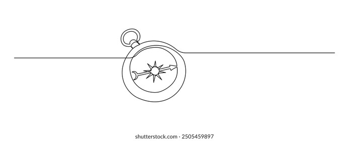 One continuous line drawing of traveller compass. Old navigate and adventure symbol in simple linear style. Business strategy and adventure concept in editable stroke. Doodle vector illustration