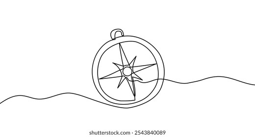 One continuous line drawing of traveller compass. Old navigate and adventure symbol in simple linear style. Business strategy and adventure concept in editable stroke. Banner vector illustration
