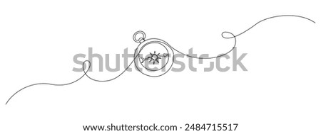 One continuous line drawing of traveller compass. Old navigate and adventure symbol in simple linear style. Business strategy and cartography concept in editable stroke. Contour vector illustration