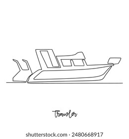 One continuous line drawing of Trawler vector illustration. Sea transportation themes design concept with simple linear style. Sea transportation involves moving goods and people across body of water.