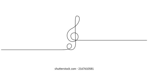 One continuous line drawing of treble clef. Minimalist logo and symbol of sound and music concert in simple linear style. Editable stroke. Doodle vector illustration