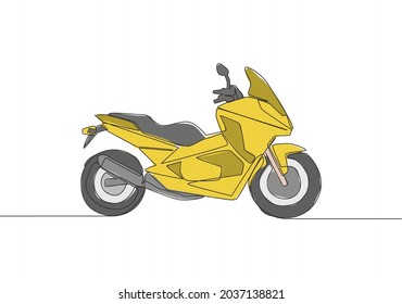 One continuous line drawing of trendy elegant Asian underbone motorbike logo. City motorcycle concept. Single line draw design vector illustration