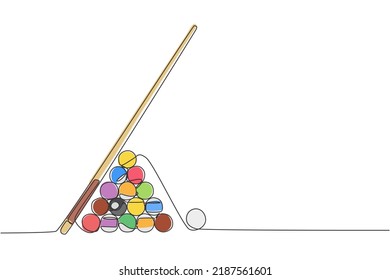 One continuous line drawing of triangle pyramid balls stack for pool billiards game at billiard room. Tournament indoor sport game concept. Dynamic single line draw graphic design vector illustration