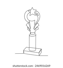 One continuous line drawing of Trophy vector illustration. Towering trophy symbolizing ultimate victory in championship. Gleaming metal and intricate design trophy in simple continuous linear style.