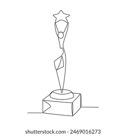 One continuous line drawing of Trophy vector illustration. Towering trophy symbolizing ultimate victory in championship. Gleaming metal and intricate design trophy in simple continuous linear style.