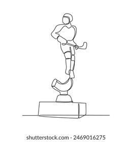 One continuous line drawing of Trophy vector illustration. Towering trophy symbolizing ultimate victory in championship. Gleaming metal and intricate design trophy in simple continuous linear style.