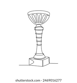 One continuous line drawing of Trophy vector illustration. Towering trophy symbolizing ultimate victory in championship. Gleaming metal and intricate design trophy in simple continuous linear style.