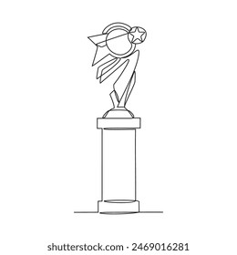 One continuous line drawing of Trophy vector illustration. Towering trophy symbolizing ultimate victory in championship. Gleaming metal and intricate design trophy in simple continuous linear style.
