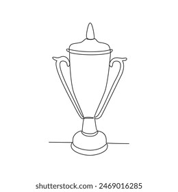 One continuous line drawing of Trophy vector illustration. Towering trophy symbolizing ultimate victory in championship. Gleaming metal and intricate design trophy in simple continuous linear style.