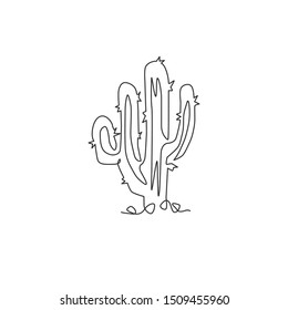 One continuous line drawing of tropical thorny cactus plant. Printable decorative cacti houseplant concept for home decor wallpaper ornament. Modern single line graphic draw design vector illustration