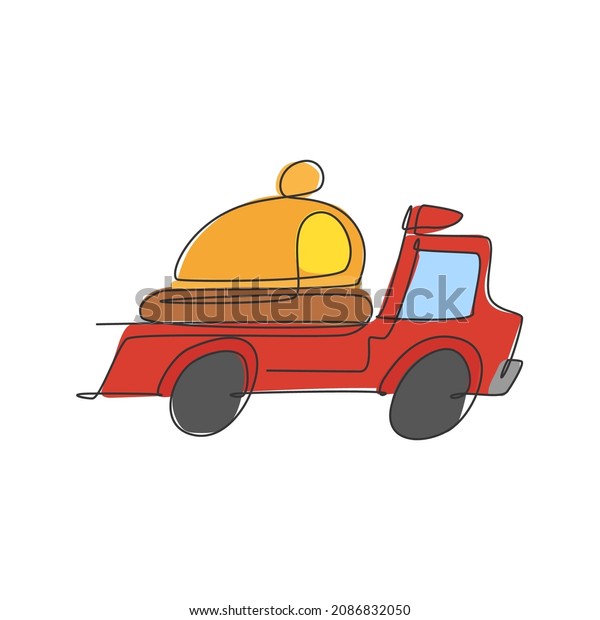 One continuous line drawing truck box car
carrying tray cover cloche for food delivery service logo emblem.
Cafe shop food delivery concept. Modern single line draw design
vector graphic
illustration