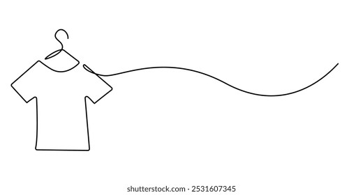 one continuous line drawing of t-shirts hanging on a hanger.one line drawing of t-shirts.single line online clothes shop.isolated white background