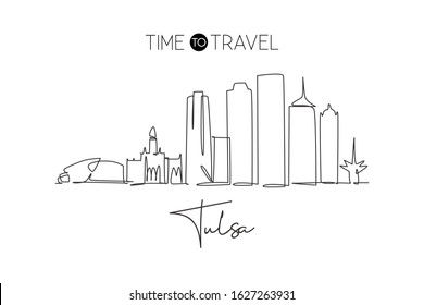 One continuous line drawing of Tulsa city skyline, Oklahoma. Beautiful landmark. World landscape tourism travel vacation poster art. Editable stylish stroke single line draw design vector illustration