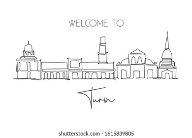 One continuous line drawing of Turin city skyline, Italy. Beautiful skyscraper. World landscape tourism travel vacation concept wall decor poster. Stylish single line draw design vector illustration