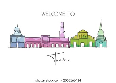 One continuous line drawing of Turin city skyline, Italy. Beautiful skyscraper. World landscape tourism travel vacation concept wall decor poster. Stylish single line draw design vector illustration