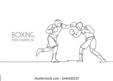 Un contínuo dibujo de dos jóvenes deportistas boxeadores muestran emocionante pelea. Concepto deportivo de combate competitivo. Dibujo dinámico de línea única ilustración vectorial para el póster de promoción de correspondencia de boxeo