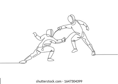 One continuous line drawing of two young men fencing athlete practice fighting action on sport arena. Fencing costume and holding sword concept. Dynamic single line draw design vector illustration