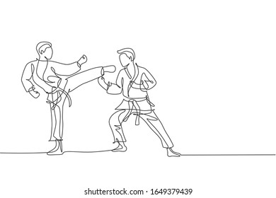 One continuous line drawing of two young talented karateka men train pose for duel fighting at dojo gym center. Mastering martial art sport concept. Dynamic single line draw design vector illustration