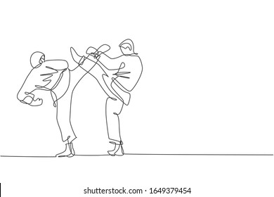 One continuous line drawing of two young talented karateka men train pose for duel fighting at dojo gym center. Mastering martial art sport concept. Dynamic single line draw design vector illustration