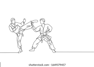 One continuous line drawing of two young talented karateka men train pose for duel fighting at dojo gym center. Mastering martial art sport concept. Dynamic single line draw design vector illustration