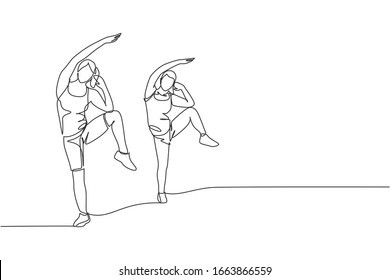 One continuous line drawing of two young sporty women working out fun aerobics together in fitness gym club center. Healthy fitness sport concept. Dynamic single line draw design vector illustration