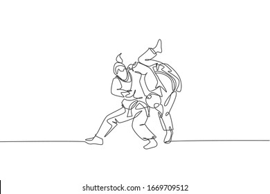 One continuous line drawing two young sporty women training judo technique at sports hall. Jiu jitsu battle fight sport competition concept. Dynamic single line draw design graphic vector illustration