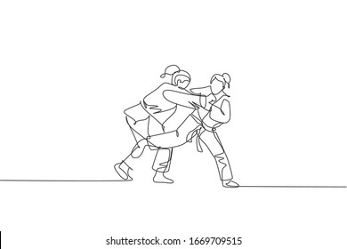 One continuous line drawing two young sporty women training judo technique at sports hall. Jiu jitsu battle fight sport competition concept. Dynamic single line draw design vector graphic illustration