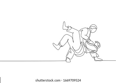 One continuous line drawing of two young sporty men training judo technique at sport hall. Jiu jitsu battle fight sport competition concept. Dynamic single line draw graphic design vector illustration