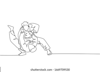 One continuous line drawing of two young sporty men focus training judo technique at sports hall. Jiu jitsu battle fight sport competition concept. Dynamic single line draw design vector illustration