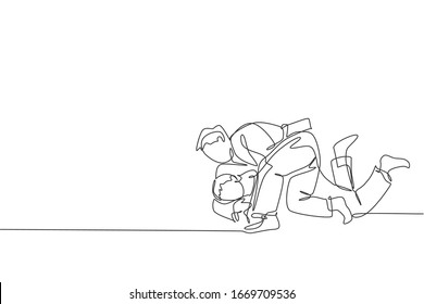 One continuous line drawing of two young sporty men training judo technique at sport hall. Jiu jitsu battle fight sport competition concept. Dynamic single line draw graphic design vector illustration