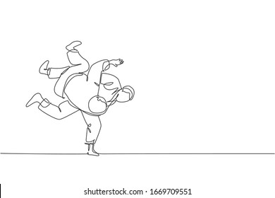 One continuous line drawing of two young sporty men training judo technique at sport hall. Jiu jitsu battle fight sport competition concept. Dynamic single line draw design vector illustration graphic