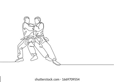 One continuous line drawing of two young sporty men training judo technique at sport hall. Jiu jitsu battle fight sport competition concept. Dynamic single line draw design graphic vector illustration