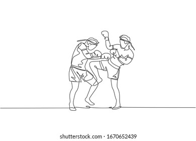 One continuous line drawing of two young sporty muay thai boxer men preparing to fight sparring, duel at box arena. Fighting sport game concept. Dynamic single line draw design vector illustration