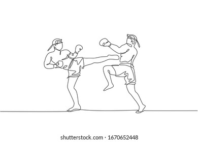 One continuous line drawing of two young sporty muay thai boxer men kicking hard sparring fight partner at box arena. Fighting sport game concept. Dynamic single line draw design vector illustration