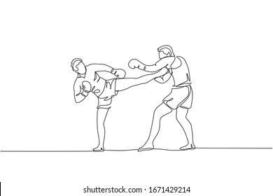 One continuous line drawing of two young sporty men kickboxer athlete training together at gym center. Sparring fight. Combative kickboxing sport concept. Single line draw design vector illustration