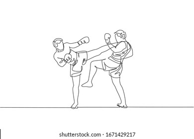 One continuous line drawing of two young sporty men kickboxer athlete exercise for sparring fight at gym center. Combative kickboxing sport concept. Dynamic single line draw design vector illustration