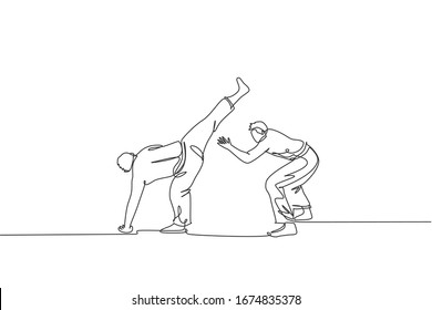 One continuous line drawing of two young sporty Brazilian fighter men training capoeira on the beach. Healthy traditional fighting sport concept. Dynamic single line draw design vector illustration