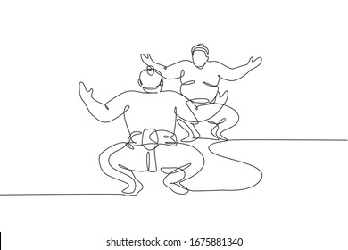 One continuous line drawing of two young big Japanese rikishi men prepare to fight at festival tournament. Traditional sumo sport concept. Dynamic single line draw design vector graphic illustration
