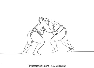 One continuous line drawing of two young big Japanese rikishi men prepare to fight at festival tournament. Traditional sumo sport concept. Dynamic single line draw design vector graphic illustration