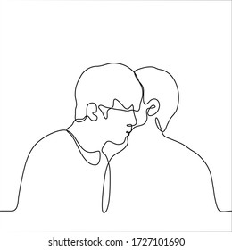 One continuous line drawing two guys one whom whispers something in the ear another  Vector illustration two friends standing very close   tell each other secret