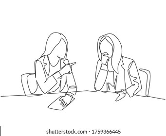 One continuous line drawing of two young happy business woman discussing project contract together during meeting. Business deal concept. Modern single line draw design graphic vector illustration