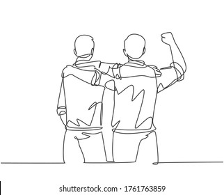 One continuous line drawing of two male workers at the office hugging and supporting each other for the success of their career. Friend support concept single line draw design vector illustration